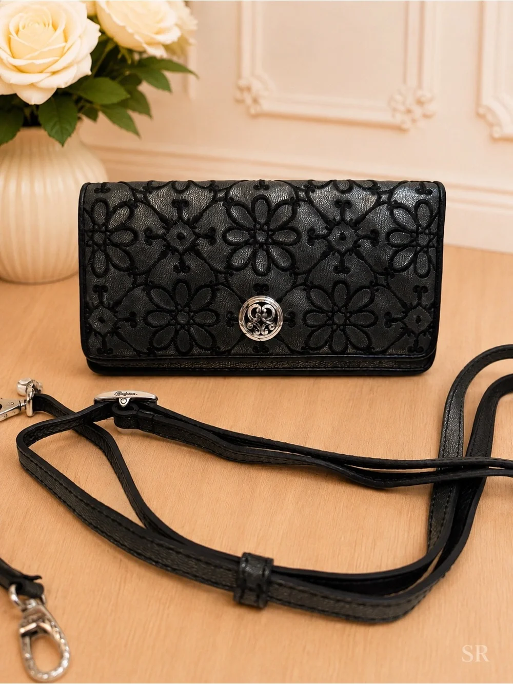 Brighton Valencia Black Leather Floral Embroidered Wallet Crossbody